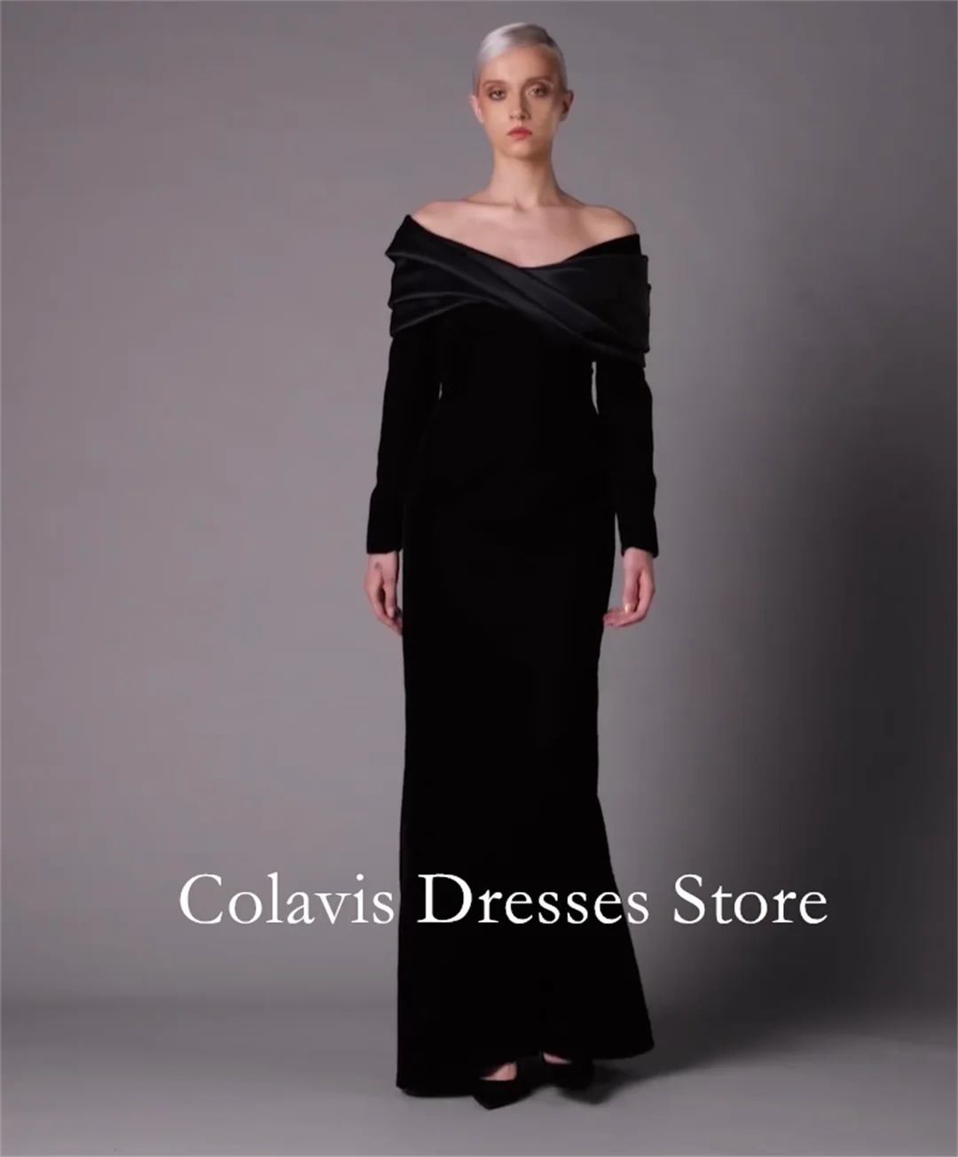 Colavis Fashion Off-Shoulder Customized 2024 New Women's Maxi  Satin Prom Dress Long Sleeves Black Celebrity Mermaid Party Dress