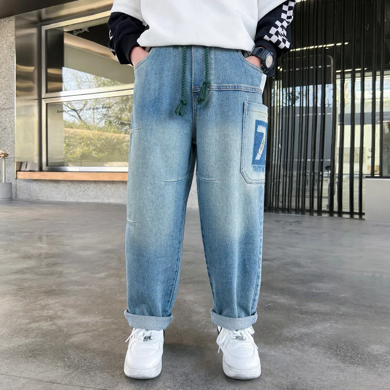 

4-15T Boys Jeans For Spring Autumn 2024 New Number Print All Match Elastic Waist Casual Children'S Pants High Quality 120-170