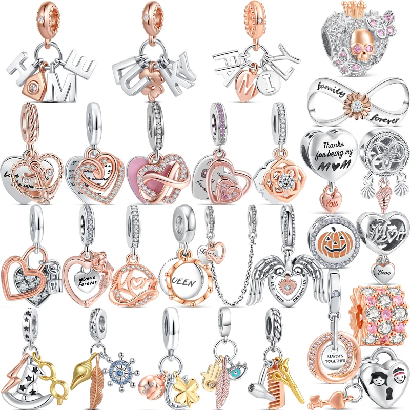 

New Rose Gold Love Heart Home Mom Lucky Pendant 925 Sterling Silver DIY Beads Fit Original Pandora Charms Bracelet Women Jewelry