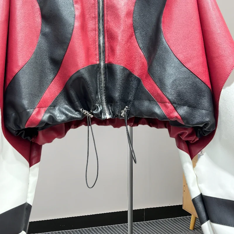 Autumn Korean Contrast Color Short Faux PU Leather Jacket Casual Stand Collar Drawstring Hem Long Sleeve Biker Jacket Streetwear
