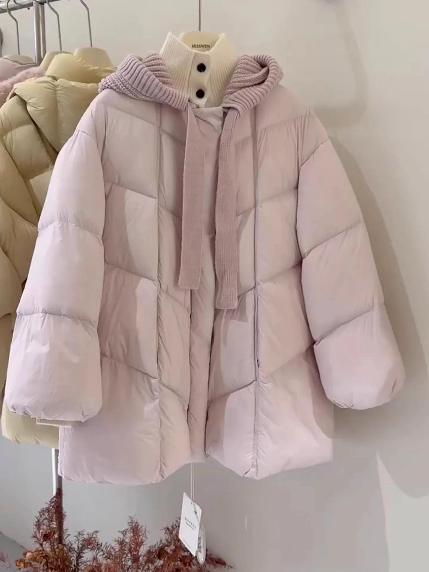 

Korean Sle Thiened Winter Jaet Women's Long Coat with Knitted Hat Dstring Sweet Anti-Aging Warm Outerwear