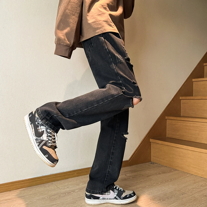 CUMUKKIYP Jeans rasgado e angustiado masculino, calça jeans, perna reta solta, tubo rasgado largo, preto e azul, na moda