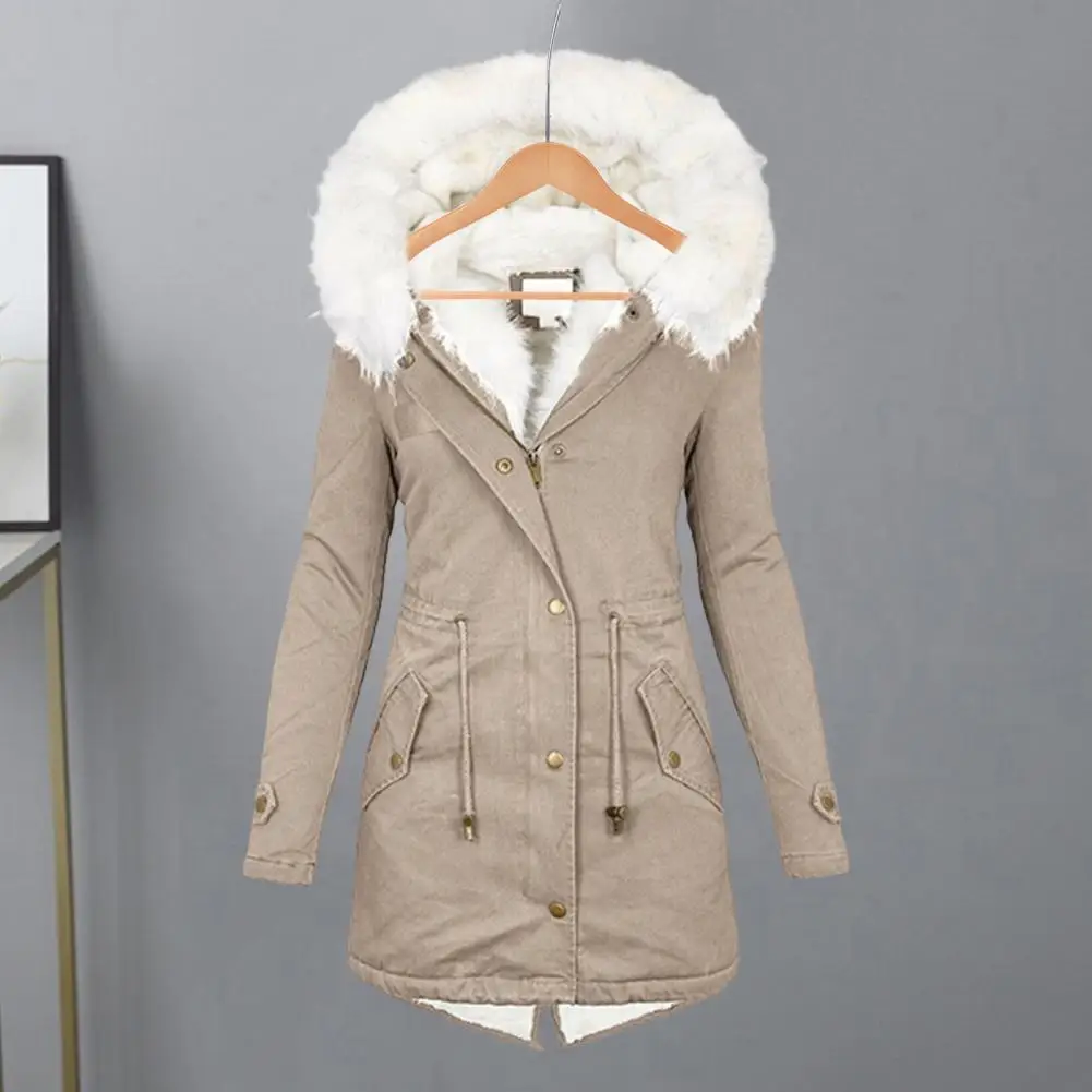 Lady Coat With Furry Hooded Plush Lined Mid Length Cold-proof Outerwear With Pockets And Drawstring Waist Daily Overcoat Jacket