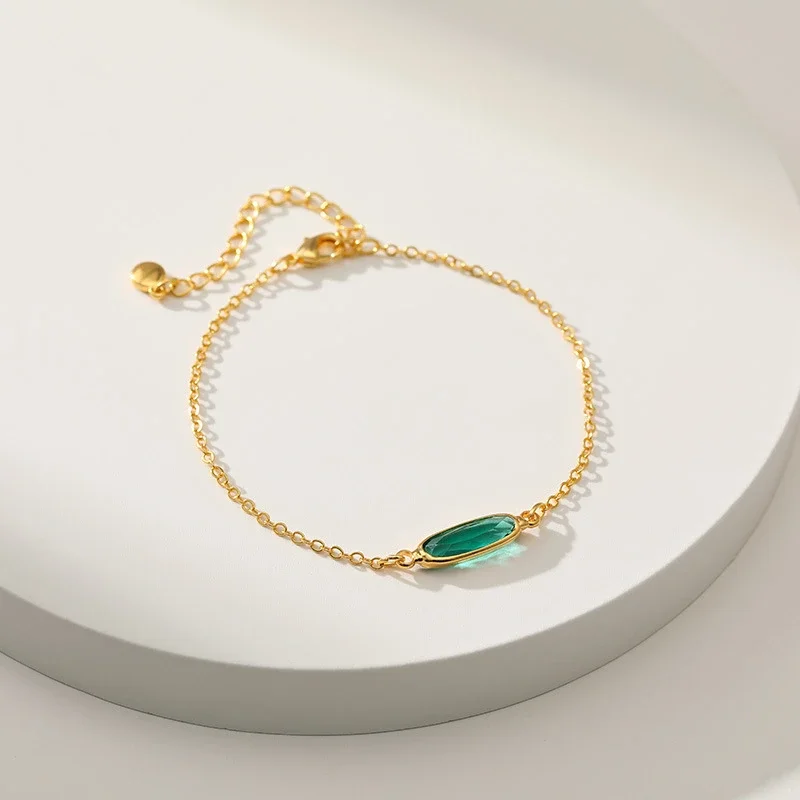 Simple Round Emerald Green Crystal Bracelets Small Horse Eye Jewelry Copper Gold Color Glass Drill Basic Style Oval Bracelet