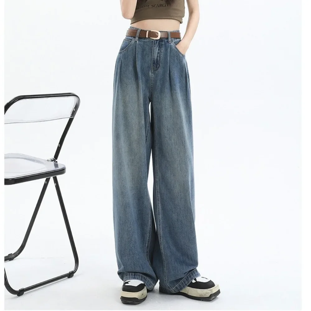 Wide Leg Jeans Women's  Autumn Vintage 2024 New High Waist Loose Slimming Pleated Straight Pants