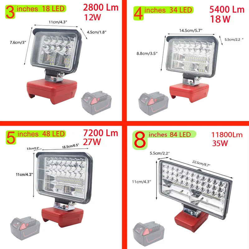 Outdoor LED trabalho luz com bateria de lítio, holofotes, carro trabalho luz, adequado para Milwaukee M18, 18V bateria