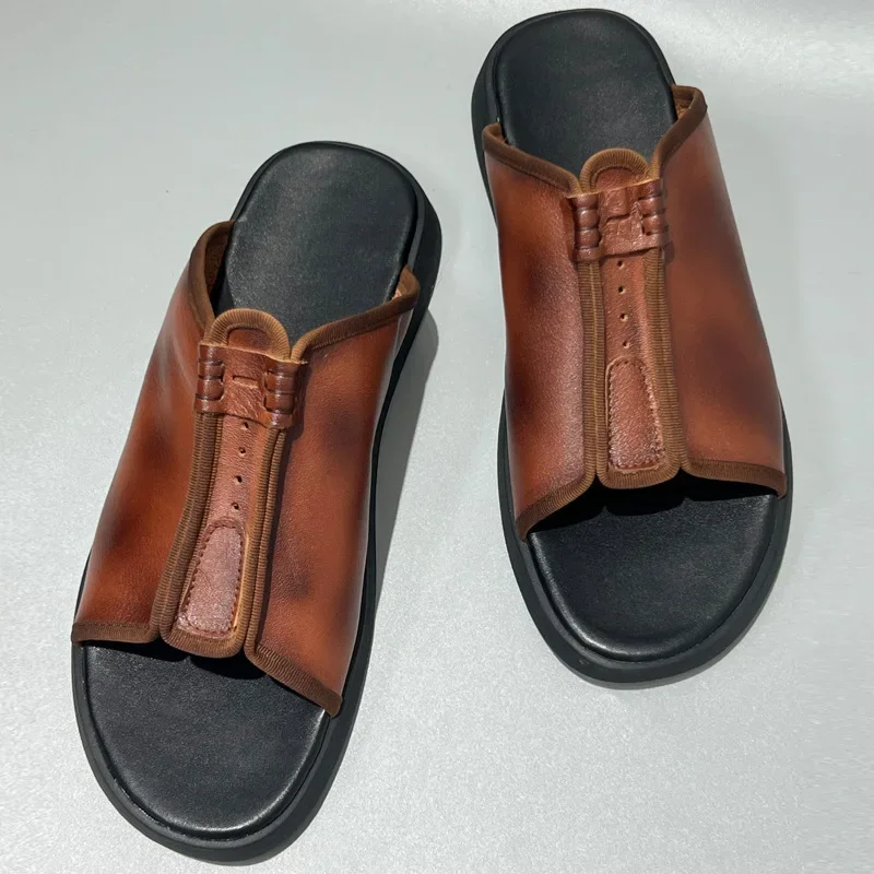 Top Quality Retro Men Genuine Leather Slippers Summer Casual Comfortable Shoes Luxury Men Handmade Sandals Shoes