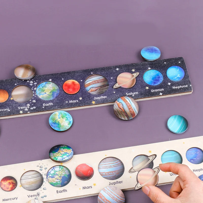 Neue Montessori Holz Spielzeug Acht Planeten Puzzle Erde Sonne Solar System Planeten Planeten Erkenntnis Pädagogisches Spielzeug Kinder Geschenke