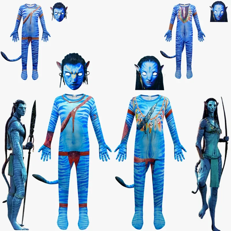 Kids Avatar The Way of Water Alien Cosplay 3D Jumpsuit boys girls Avatar Cosplay Costume mask Halloween Zenti Party Bodysuit