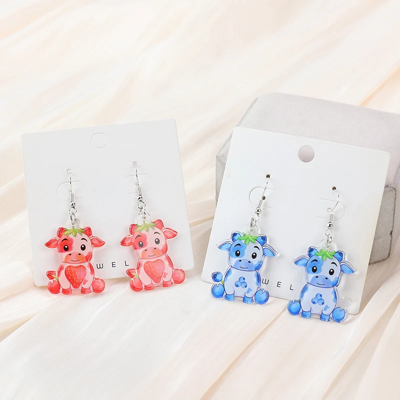 1Pair Cute Blueberry And Strawberry Cattle Drop Earring Creative Acrylic Fashion Jewelry For Woman Girl Holiday Birthday Gift