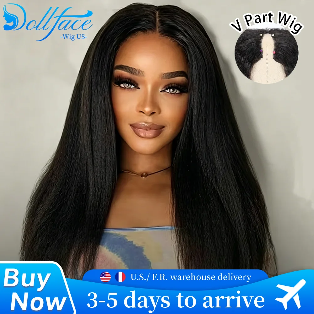 Perruque V-Part Kinky Straight en Cheveux Humains, Demi-Perruque à Clipser en Forme de V, Sans Tissage, Sans Couture, Couleur Naturelle, Effet Cuir Chevelu Réel