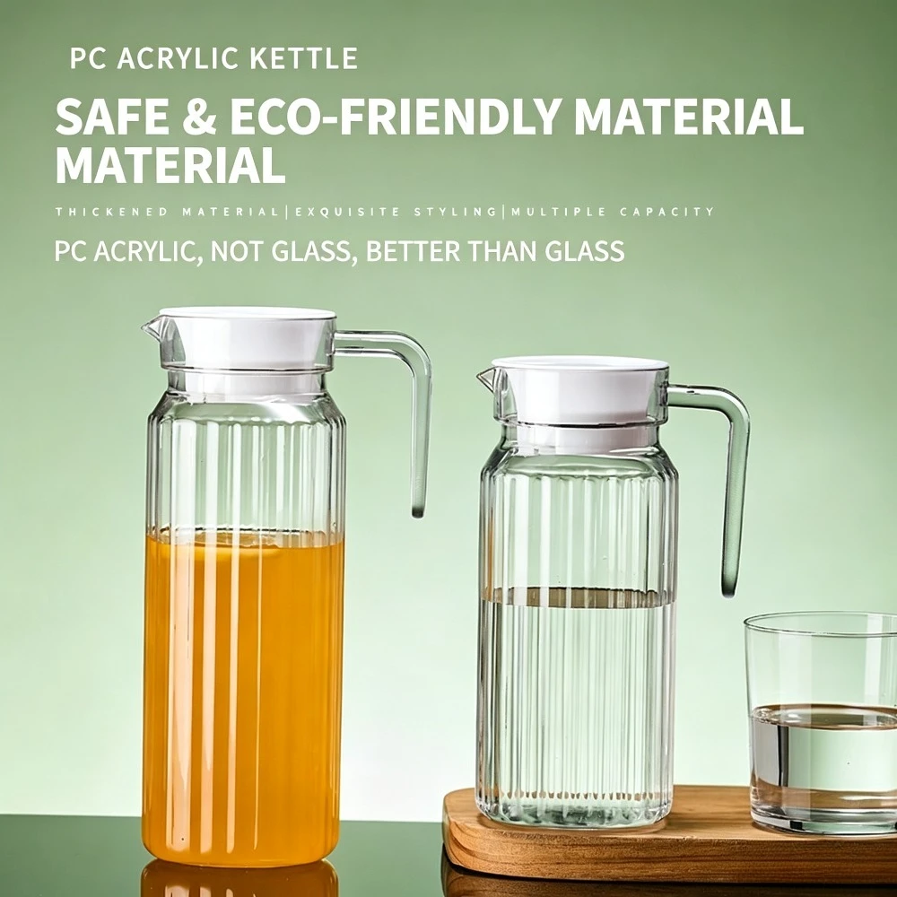 Clear Striped PCAcrylic Water Pitcher Shatter Resistant Heat Resistant Juice Carafe with Lid Handle Cold Drink Lemonade Tea Pot