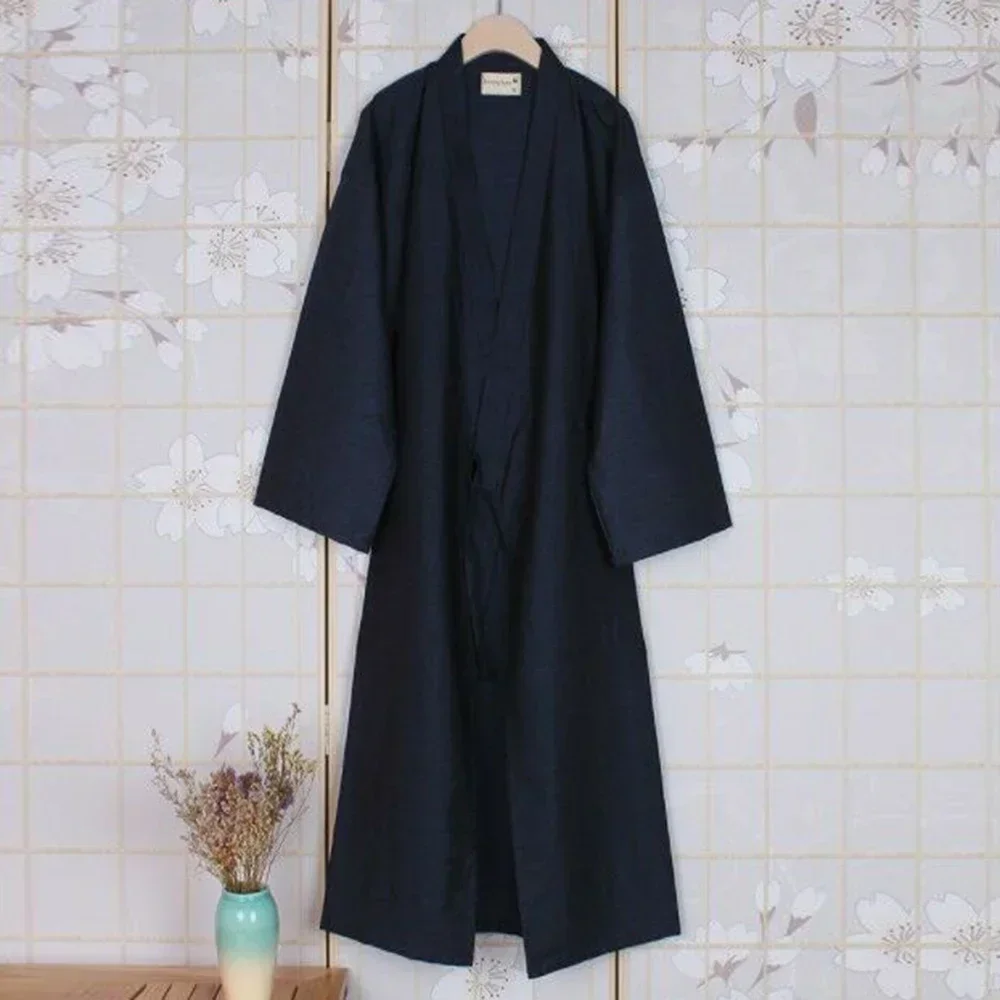 Japanese Kimono Yukata Long Bathrobe Pajamas Belt Cotton Home Robe, M~L Size, Navy Blue/ Black / Light Gray, Comfortable Fabric