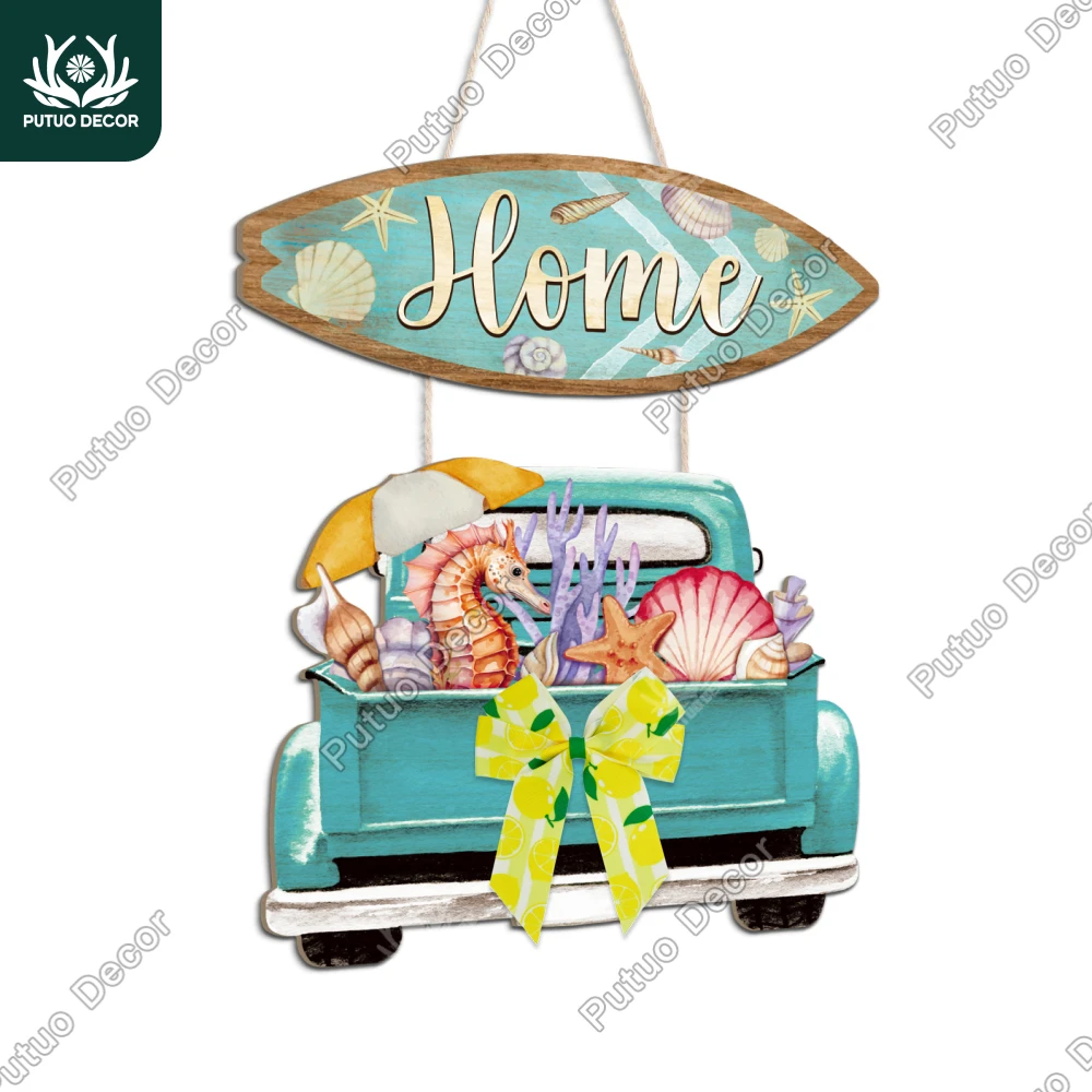 

Putuo Decor Truck Shaped Wooden Hanging Plaque Front Door Decoration, Wooden Hanging Sign Decoration for Family Beach Cafe