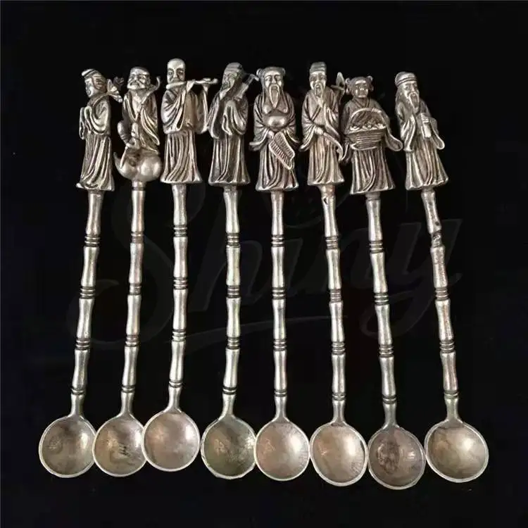 

Chinese collect antique old pure copper white copper eight immortals Tibetan silver medicine spoon retro small copper spoon set