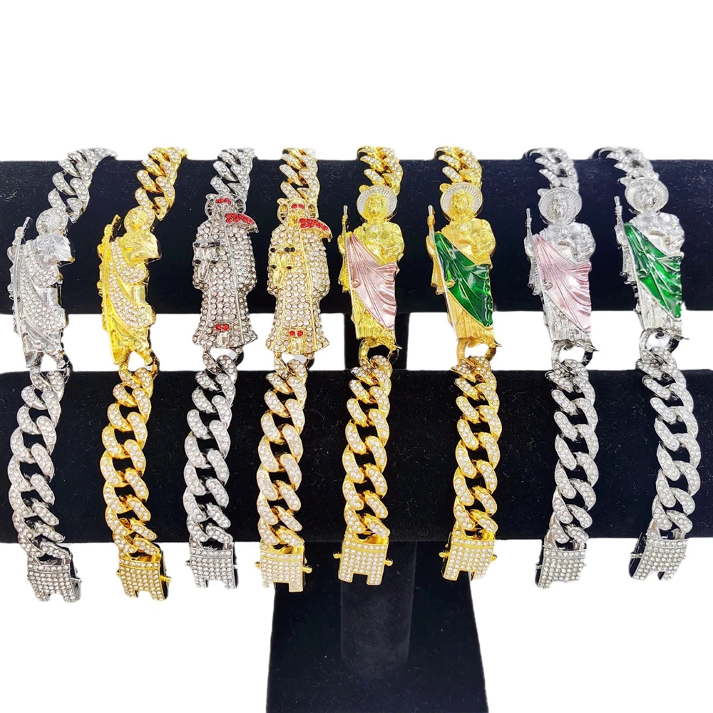New Men Hip Hop Bling lced Out Crystal Miami Cuban Link Bracelet For Women San Judas St. Jude Taddeo Bracelets Religious Jewelry