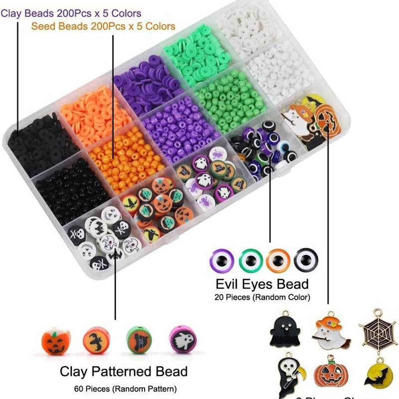 1 Box Halloween Clay Beaded Bracelet Beads Making Sequins Ghost Pumpkin Bat Pendant Mix Kit DIY Craft Wedding Sewing Accessories