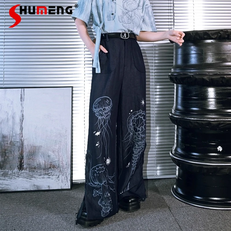

Chinese Style Long Lace-Up Printed Wide-Leg Denim Pants Slimming Women's 2025 Summer New Straight-Leg Design Casual Jeans Ladies