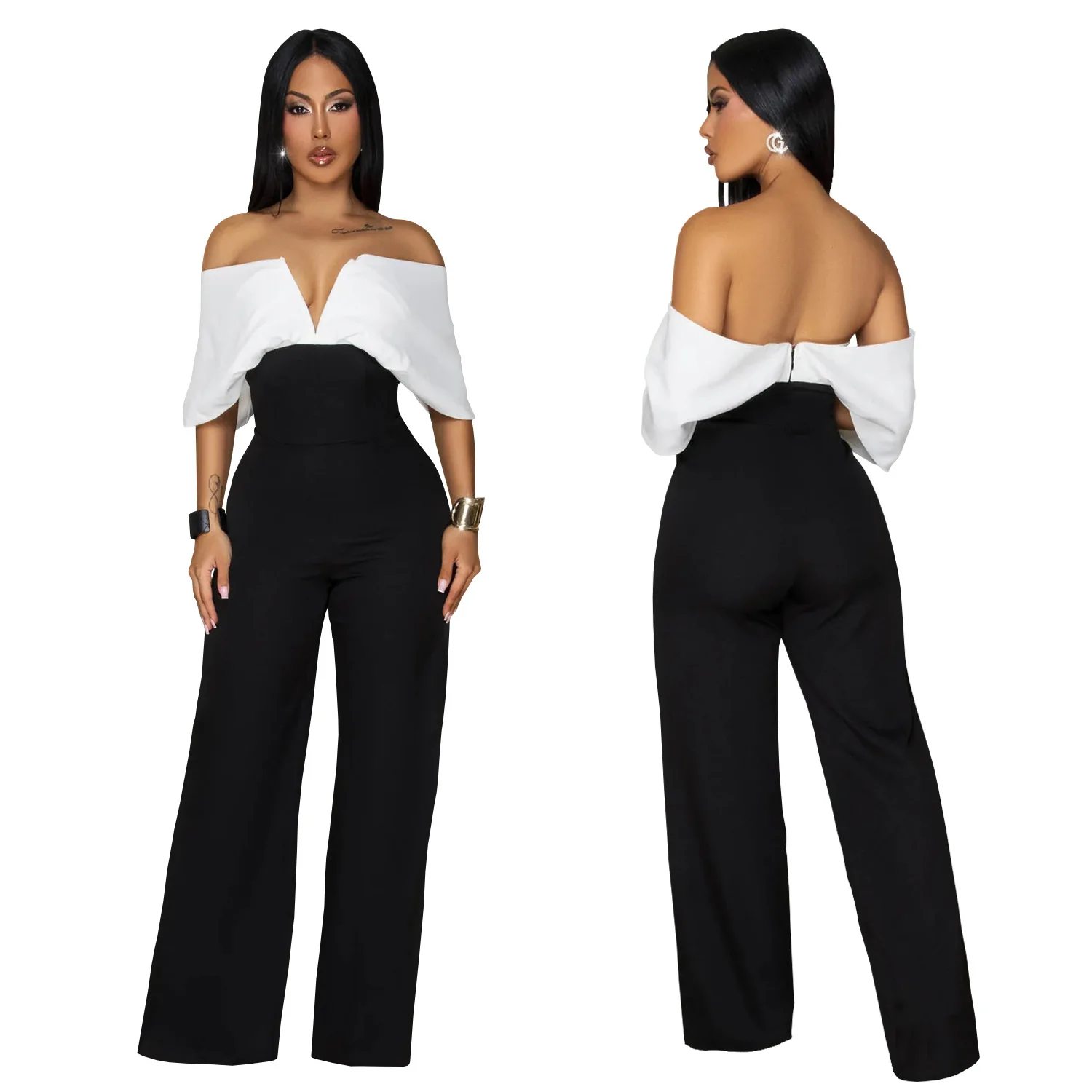 Faionable Women's Casual V-Ne Bal Wide-Leg Jumpsuit High Waist Long Pants Thin Summer Clothes Chinese Production