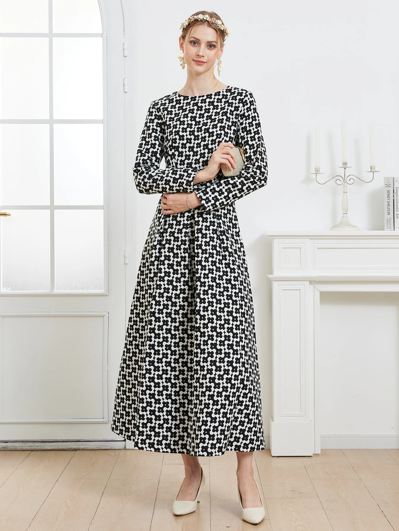 DEVCHATA Luxury Women Vintage Gold Thread Jacquard  Long Sleeve Dress Fashion Spring Autumn Floral Ladies Party dresses Clothing