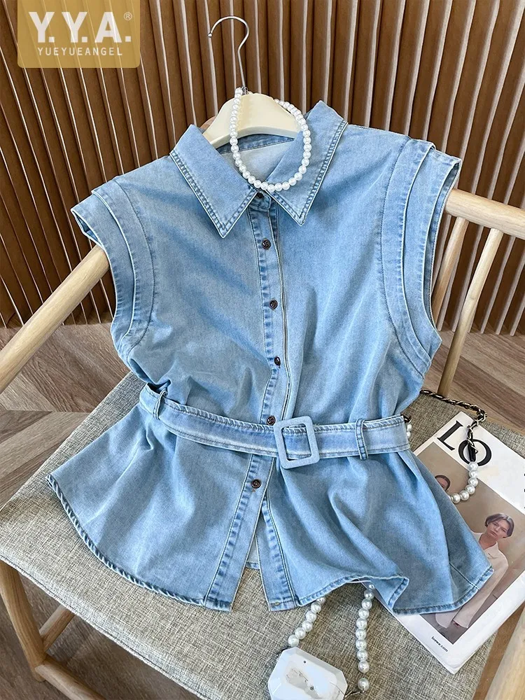

Summer Women New Style Denim Blue Shirts Fashion Sleeveless Belt Turndown Collar Top Single Breasted Work Ladies Shirt Hot Sale