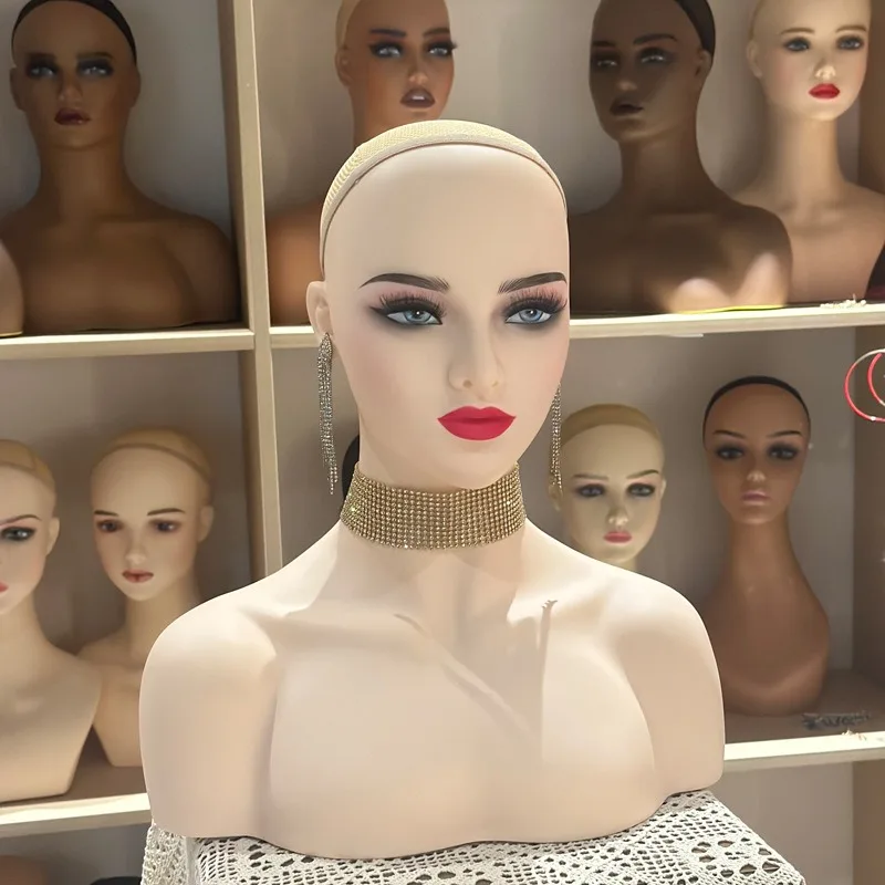 Boneca Manequim Realista Feminina Cabeça Busto com Ombro, Manequim de PVC para Perucas, Chapéus, Jóias Display