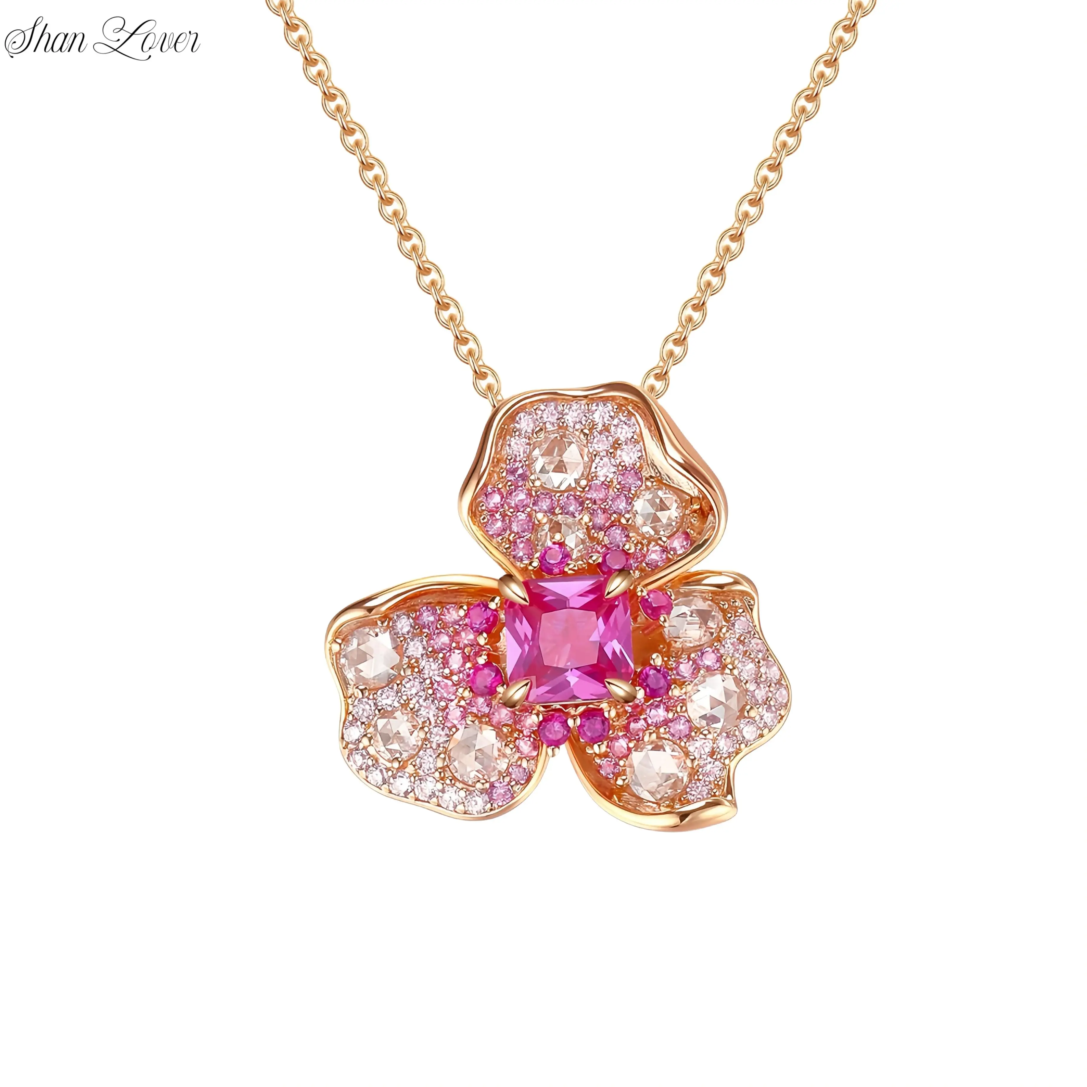 

ShanLover Brand 925 Sterling Silver Red Green Gemstone Pendant Necklace Jewelry Flower Design Zircon Drop Pendants Necklaces