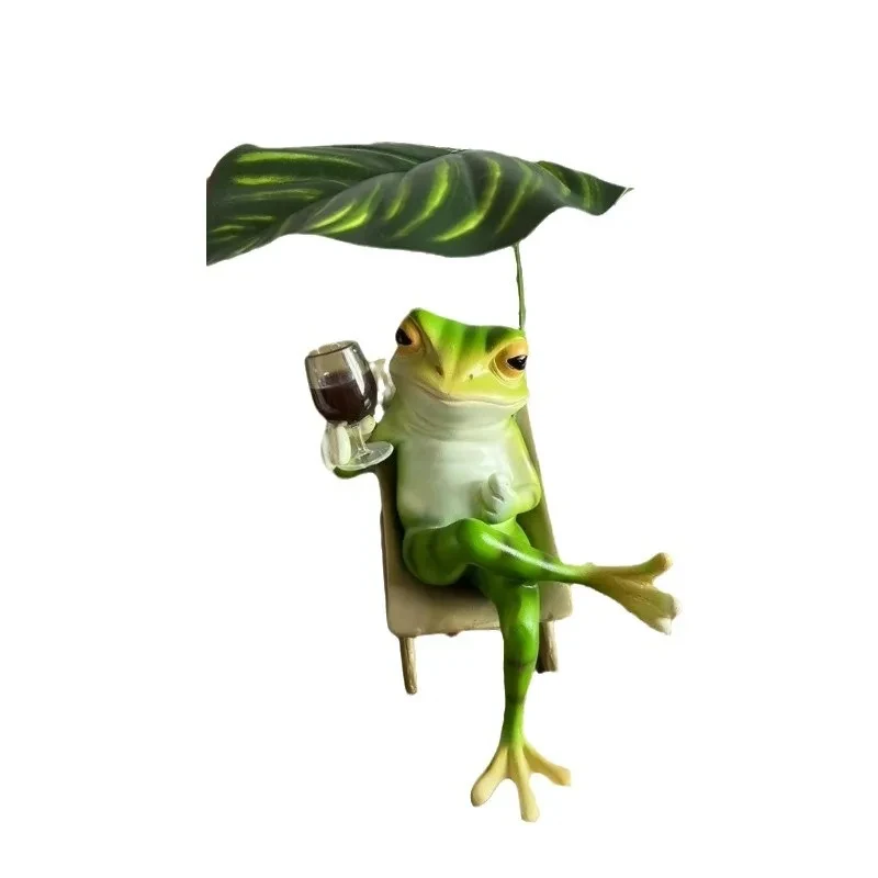 Funny Relaxing Frog Resin Statue, Frog with Wine Glass & Leaf Umbrella, Whimsical Garden Ornament for Home Patio, Perfect Gift F
