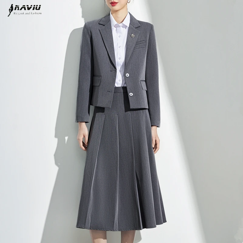 

NAVIU Осенние элегантные офисные женские костюмы черного, серого цвета с зубчатым воротником и длинными рукавами, модный профессиональный повседневный пиджак и юбка-трапеция