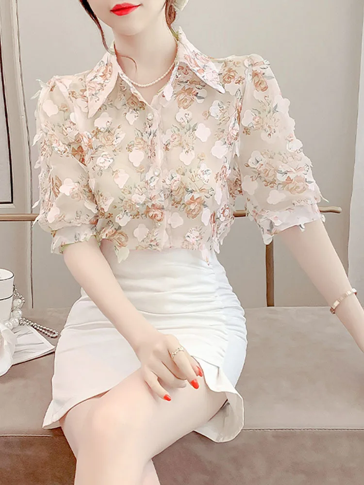 Spring Fashion Floral Turn-down Collar Long Sleeve Blouse Women Clothes Temperament Printing Perspective Shirts Femme Sweet Tops