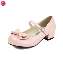 New Patent Leather Med Heel Round Toe Bowtie Chunky Heel Mary Jane Shoes Elegant Lolita Style Essential for Tea Party & Evening