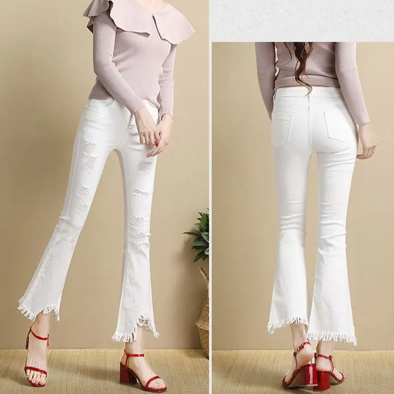 Jean neuf collants d'été pour femmes, trou fin, Micro évasé, Version coréenne, pompon, pantalon évasé blanc, amincissant, élastique, TT1086