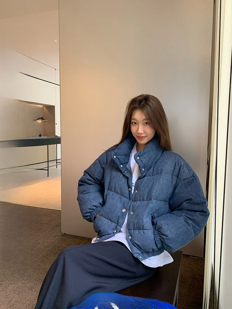 

Ranwear Jennie90 Women's ort Puffer Jaet Stand Collar Denim down Coat 90% White Du Feather Korean Sle Commute Wind