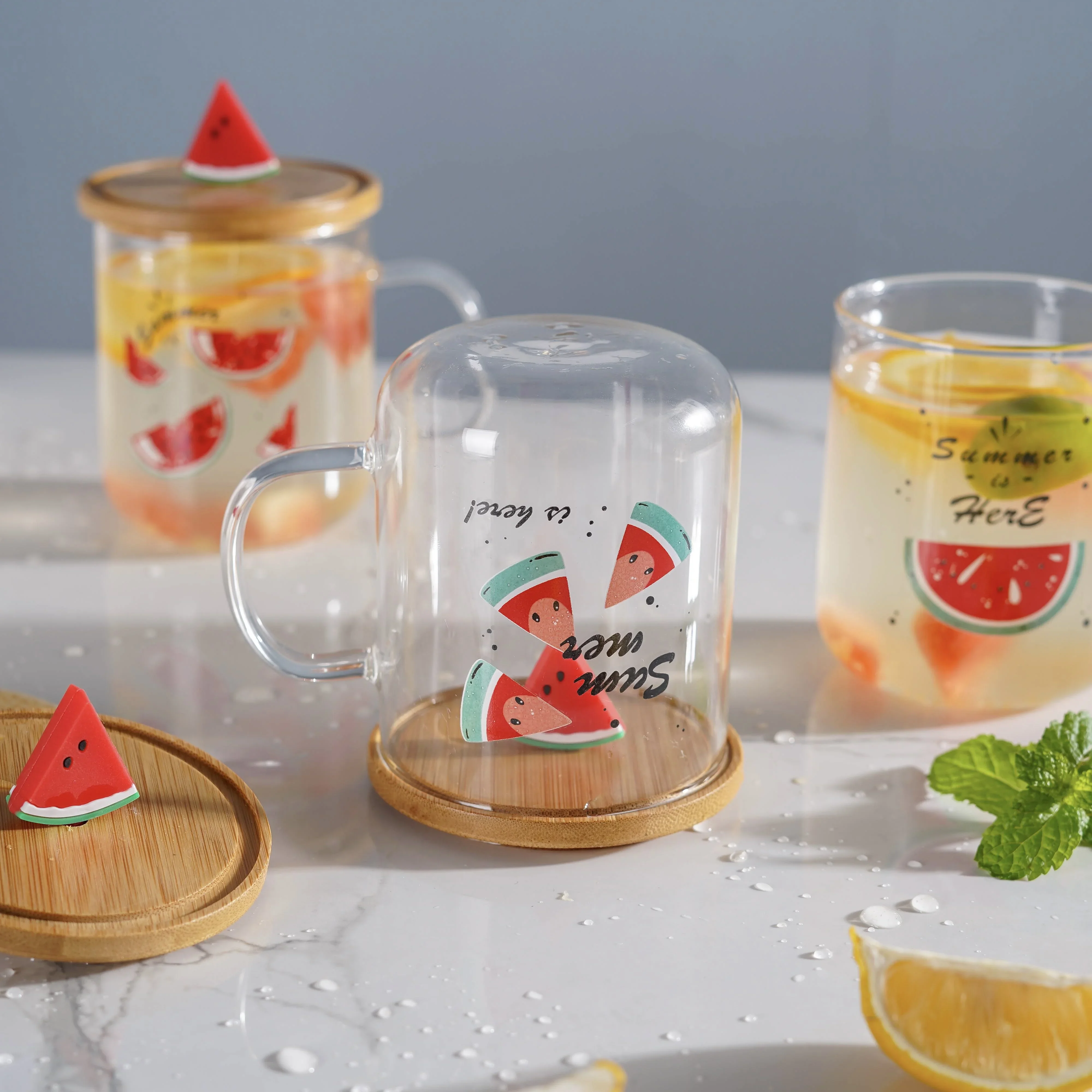

# Cute 450ml Watermelon Pattern Glass Water Cup Handle Round Straight Cup With Bamboo Lid #