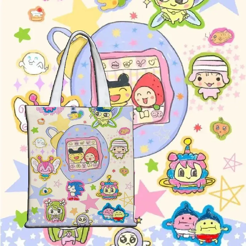 Bolsa de Lona Temática Tamagotchi, Grande Capacidade, Bolsa Escolar para Estudantes, Bolsa Casual de Ombro para Compras Diárias
