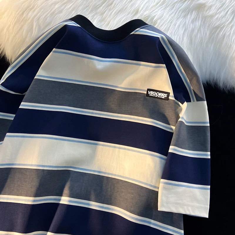 春夏アメリカンレトロストライプTシャツレディースオーバーサイズルーズ半袖プリント通勤スタイルファッショントレンディブランド