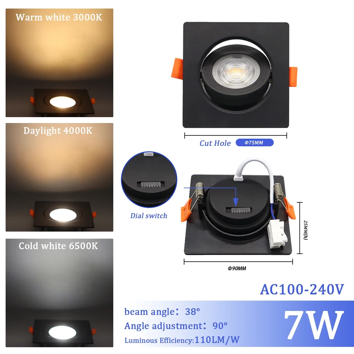 1-10 stks 7 W 3 CCT LED Kleur veranderen 3000 K 4000 K 6000 K LED Plafondspot ingebed licht AC 110 V 220 V Aanpassen 90 °   verlichting Spot