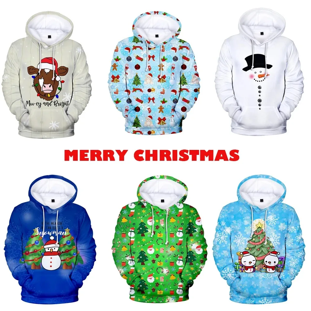 Unisex 3D Merry Christmas Hoodies, moletons, pulôveres, tops, casual outwear, meninos, meninas, crianças, branco, novo, moda