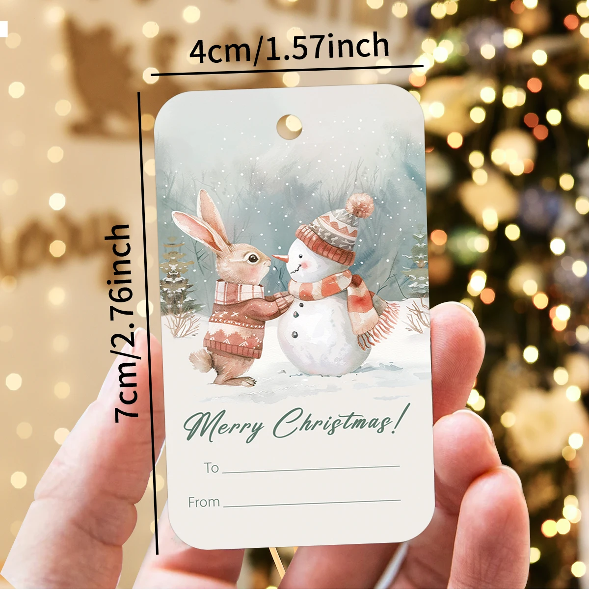 50 Stück Weihnachtsanhänger zum Aufhängen, Motiv: Schneemann, verschneite Szene, Beschriftung, Geschenkverpackung, DIY-Bastelkarte, Party-Weihnachtsbaumdekoration – Detail 4