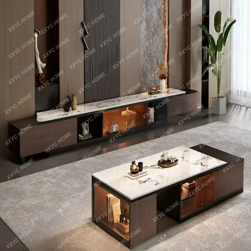 rock slab light luxury stone small apartment household retractable floor coffee table TV cabinet combination