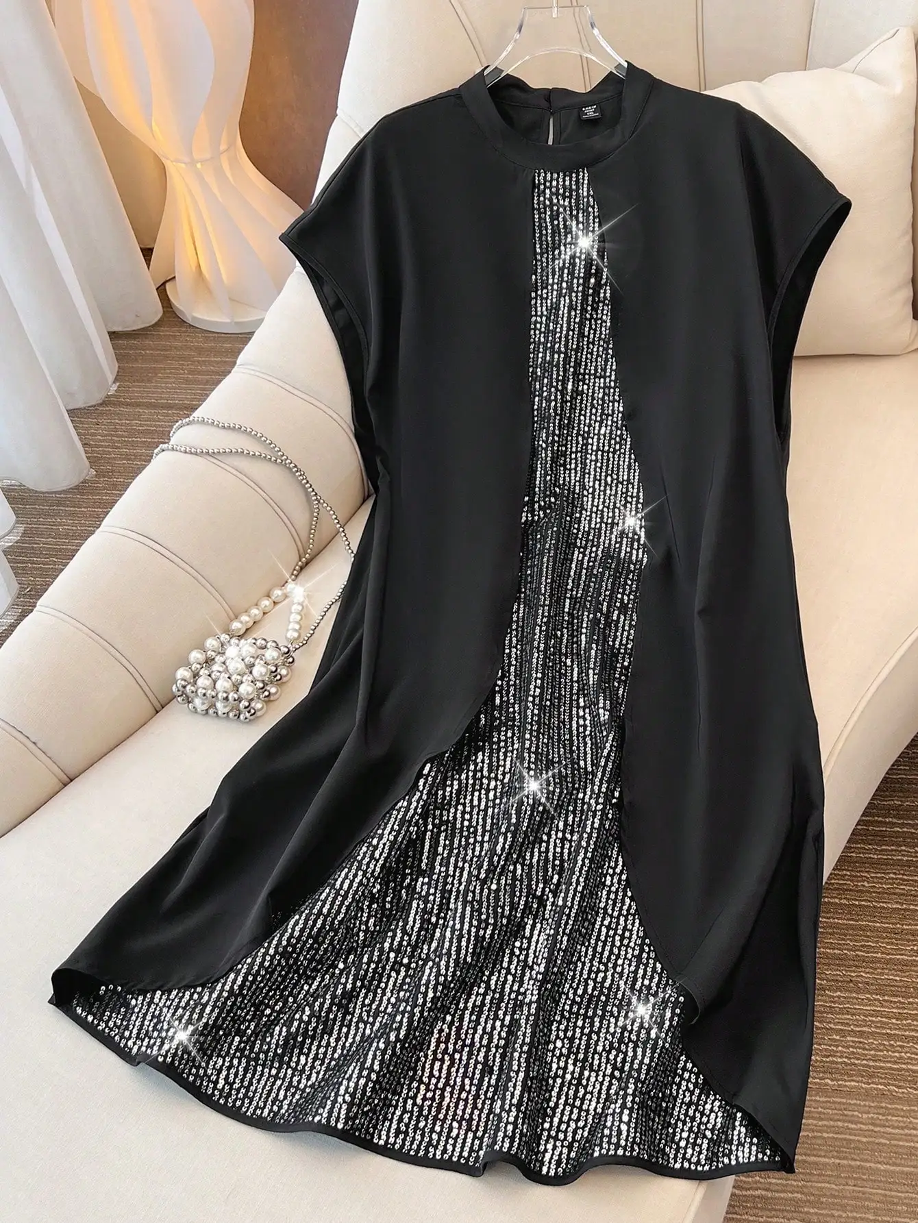 Women's Plus Size Sleeveless Sequin Dress, Mock Two Piece Stand Collar Evening Party Midi Dress