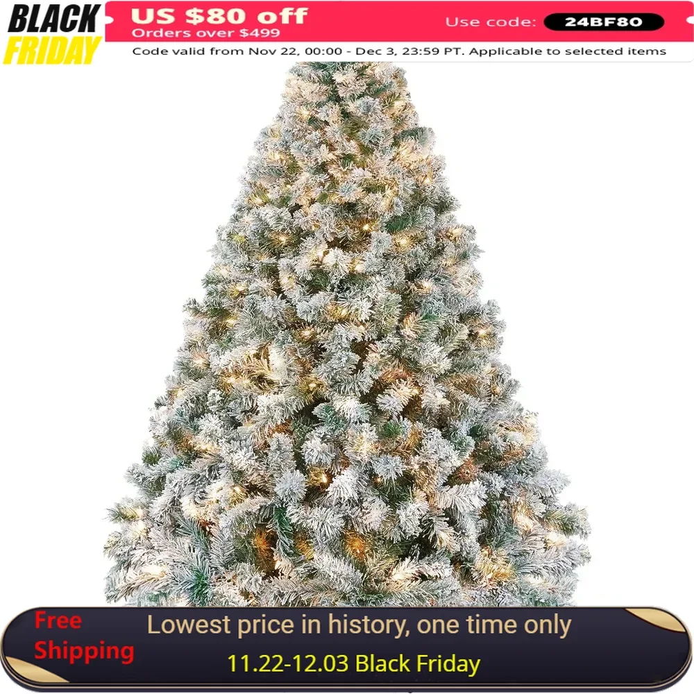 7.5ft Pre-lit Christmas Tree W/Incandescent Warm White Lights, Snow Flocked Full Prelighted Xmas Tree W/1284 Branch Tips