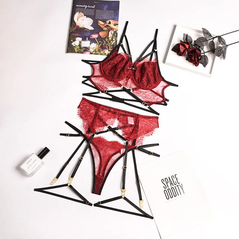 Lencería Sexy de encaje transparente, ropa interior erótica de encaje Porno, conjunto de sujetador y Liga, ropa de dormir erótica caliente, nuevo