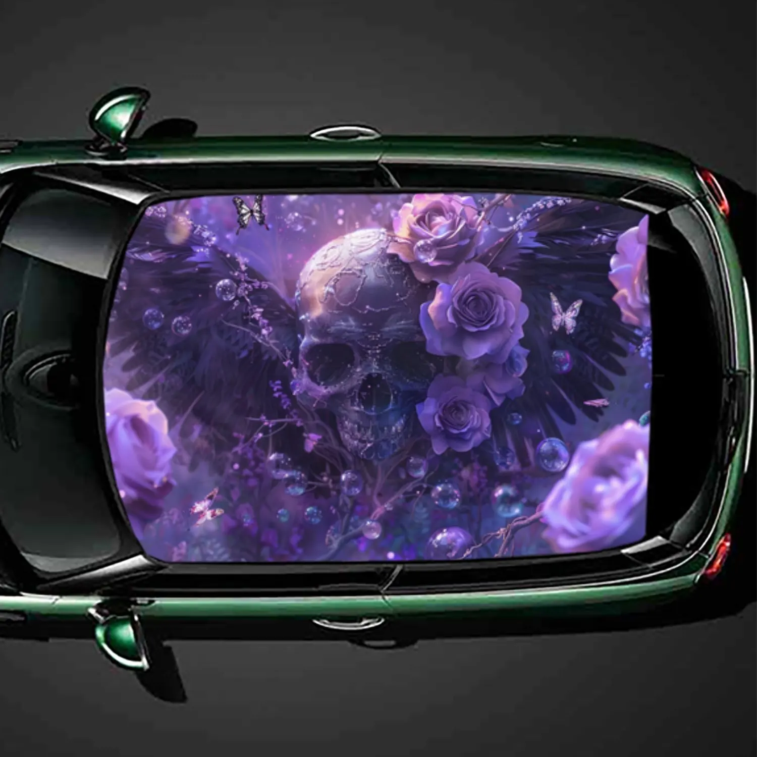 

Виниловая пленка на крышу автомобиля из ПВХ с мистическим черепом и фиолетовой розой, самоклеящаяся водонепроницаемая автомобильная наклейка, декоративная пленка против царапин