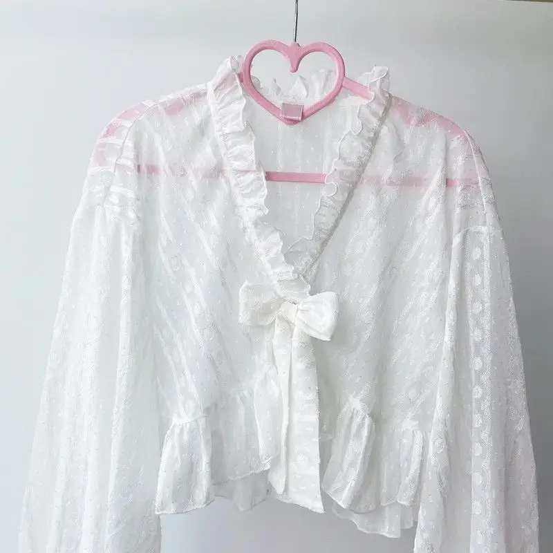 Lolita Chiffon Lantaarn Mouw Vest Vrouwen Herfst Zoete Strik Gebonden Ruche Korte Shirts Japanse Fee Veelzijdige Tops