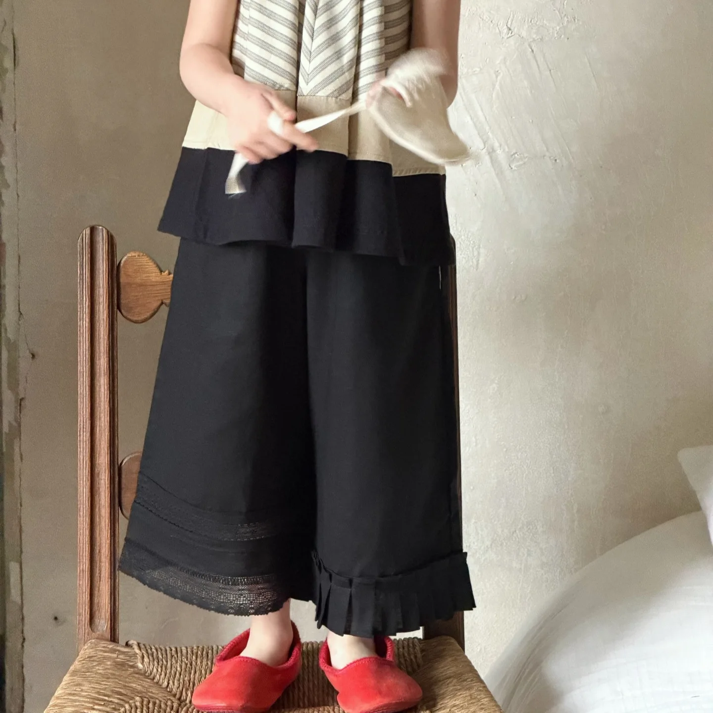 

Childrens Clothing 2026 Summer New Girls Versatile Stylish Pants Black Linen Pants Irregular Wide-Leg Mosquito-Proof Pants