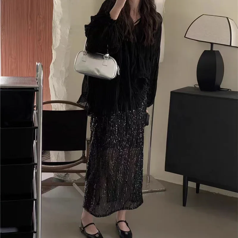 Heavy Sequins Skirts Slits A-line Skorts High Quality Bling Bottoms Elegant Commuting Fashion Slim-fitting Mid-length OL Wear