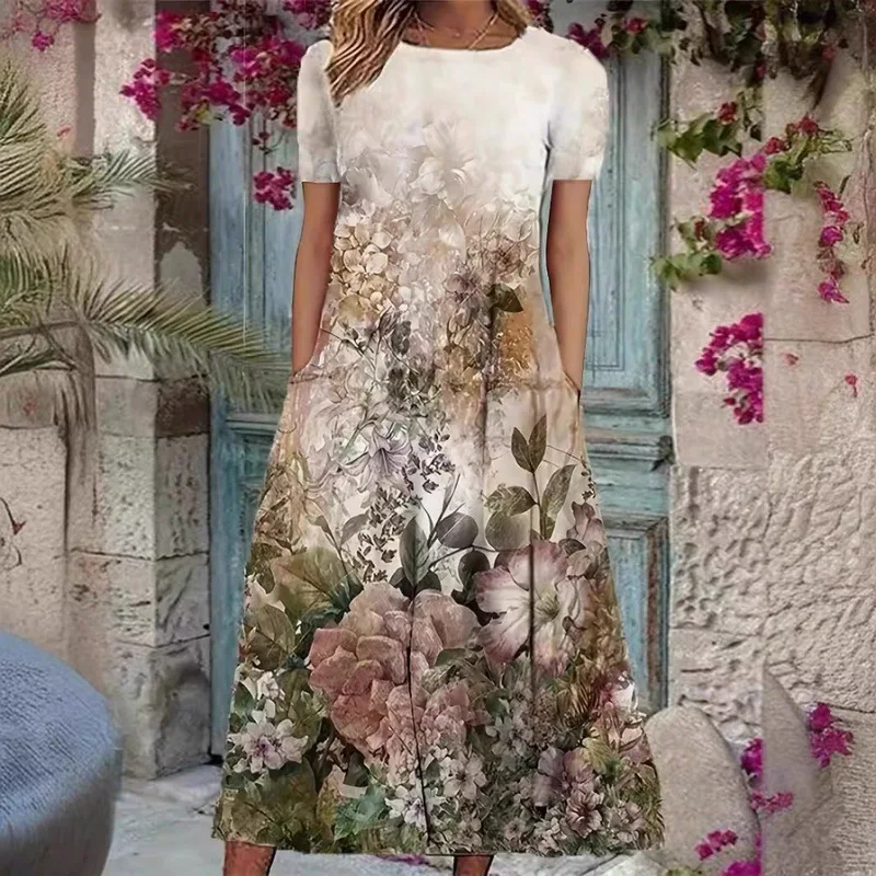 Vestido casual estampado para mujer cuello redondo manga corta talla grande Sluff Trade