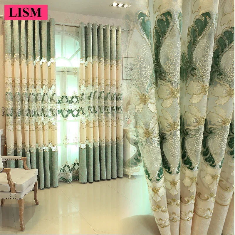 

Modern Luxury Curtains for Living Room Bedroom Olive Green Hollow Embroidery Balcony Hall Window Blackout Decor Custom Tulle