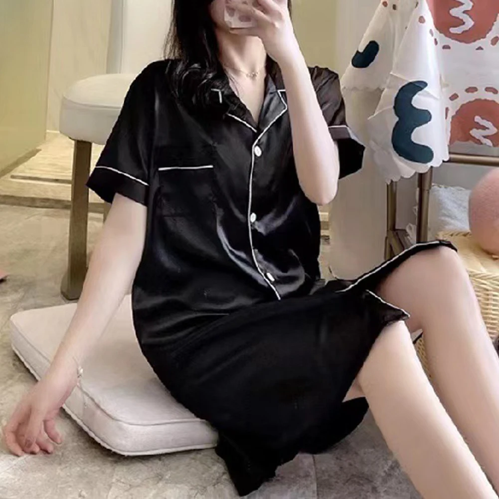 

Womens Simple Casual Pajamas Imitation Silk Loose Home Clothes Nightdress
